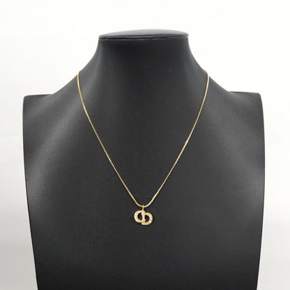 Christian Dior Necklace CD Logo GP Plated Rhinestone Gold Ladies