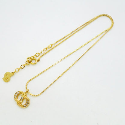 Christian Dior Necklace CD Logo GP Plated Rhinestone Gold Ladies