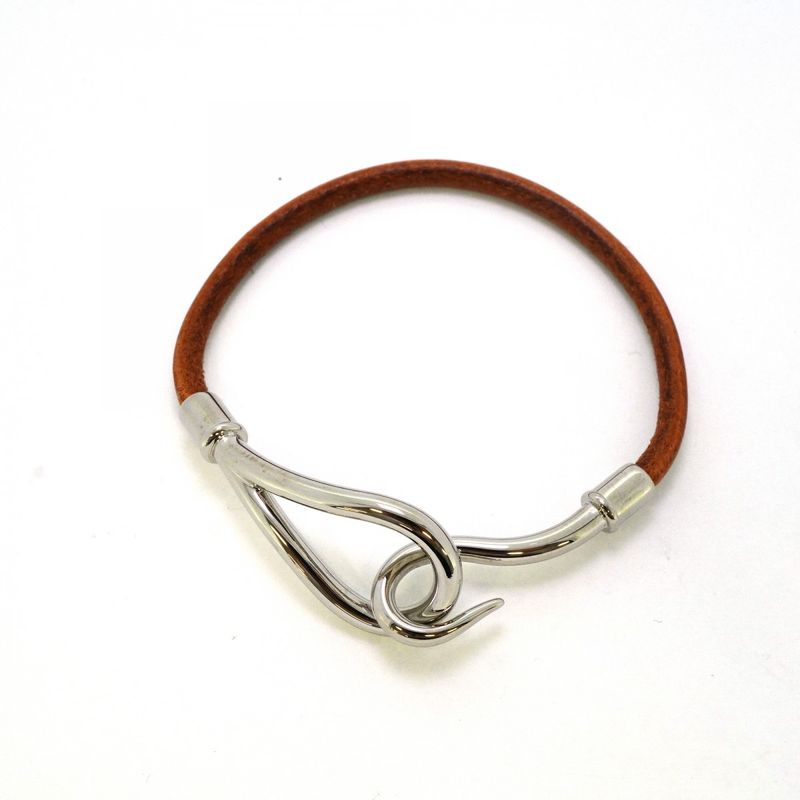 Hermes Bracelet Jumbo Hook Metal Leather Silver Brown Women's