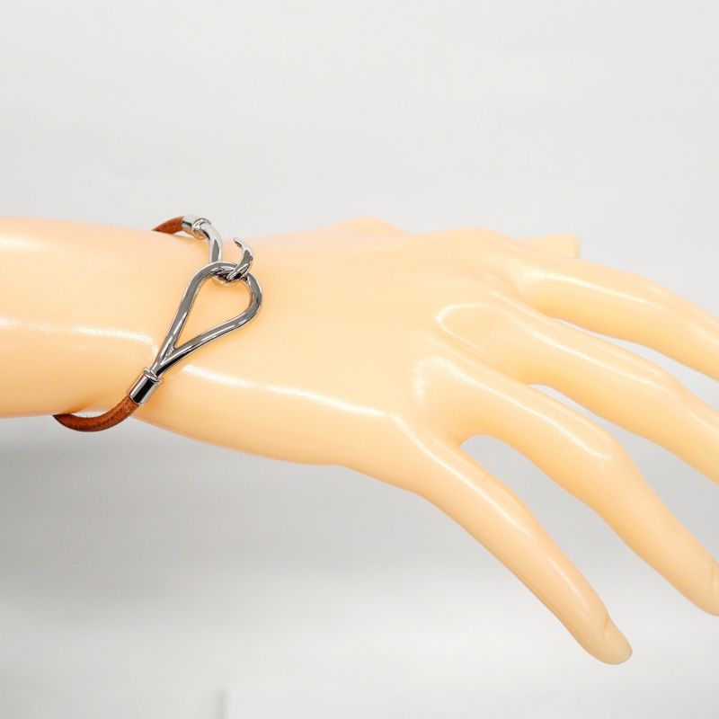 Hermes Bracelet Jumbo Hook Metal Leather Silver Brown Women's