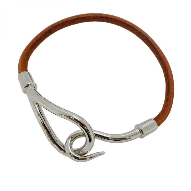Hermes Bracelet Jumbo Hook Metal Leather Silver Brown Women's