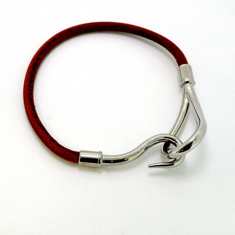 Hermes Bracelet Jumbo Hook Metal Leather Silver Brown Women's
