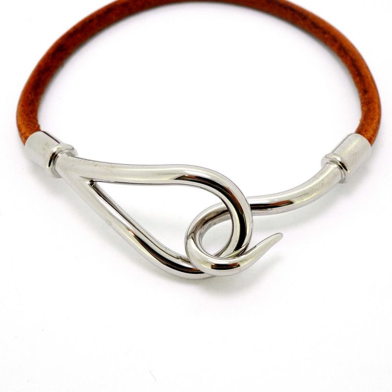 Hermes Bracelet Jumbo Hook Metal Leather Silver Brown Women's