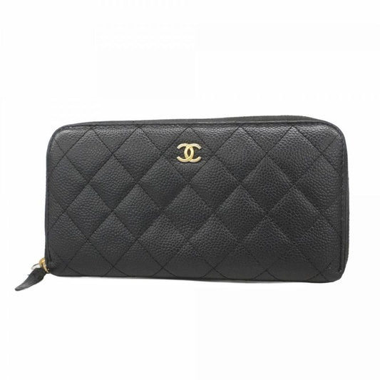 Chanel Long Wallet Matelasse Caviar Skin Black Gold Hardware Women