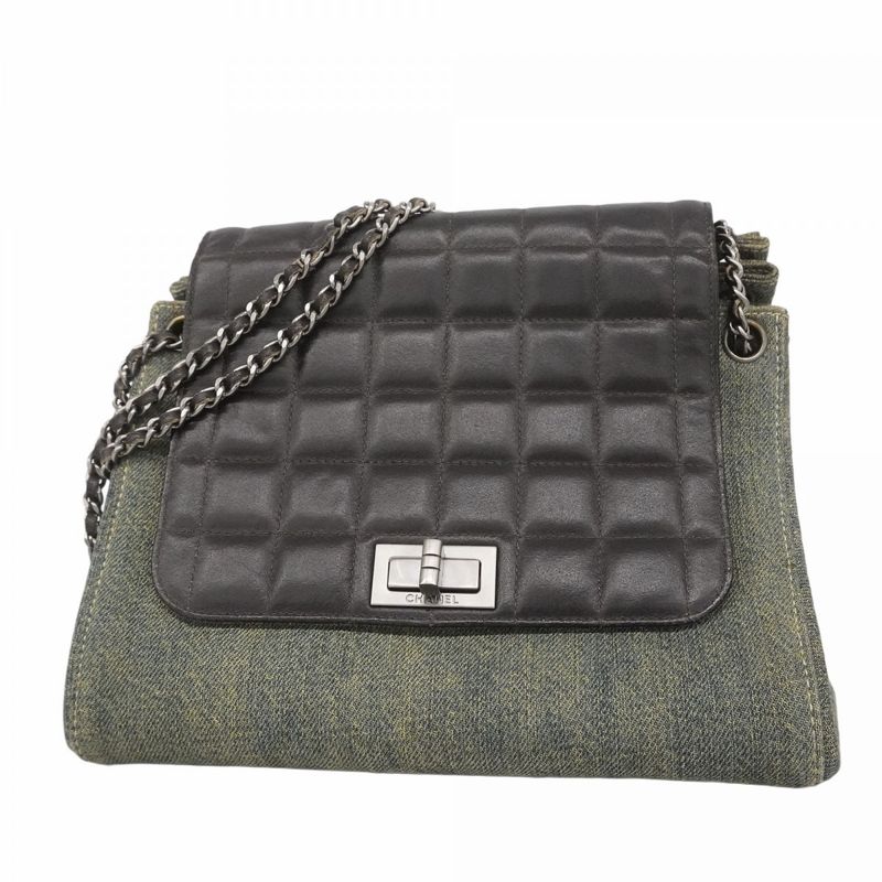 Chanel Shoulder Bag 2.55 Choco Bar Lambskin Denim Black Blue Silver Hardware