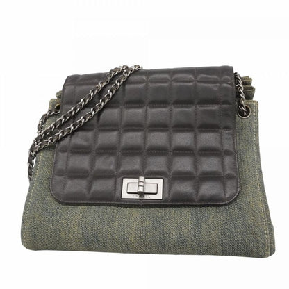Chanel Shoulder Bag 2.55 Choco Bar Lambskin Denim Black Blue Silver Hardware