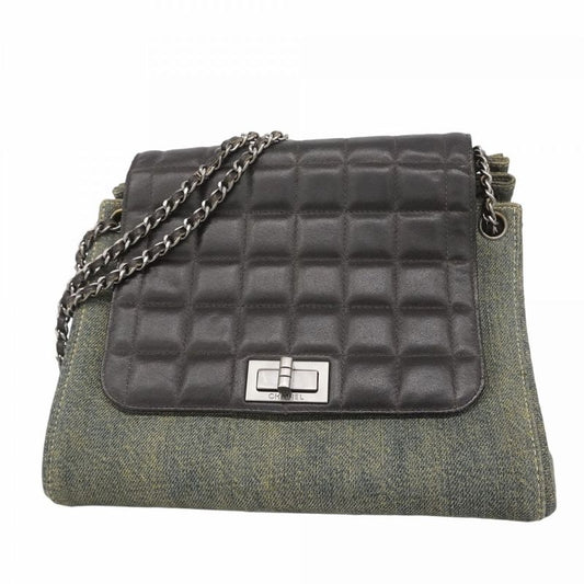 Chanel Shoulder Bag 2.55 Choco Bar Lambskin Denim Black Blue Silver Hardware