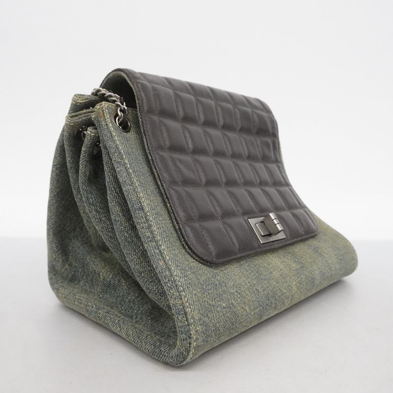 Chanel Shoulder Bag 2.55 Choco Bar Lambskin Denim Black Blue Silver Hardware