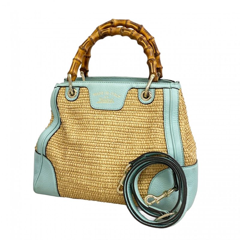 Gucci Handbag Bamboo 336032 Straw Beige Blue Chien Pan Gold Hardware 2way Bag