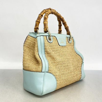 Gucci Handbag Bamboo 336032 Straw Beige Blue Chien Pan Gold Hardware 2way Bag