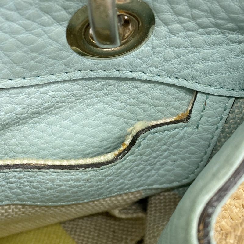 Gucci Handbag Bamboo 336032 Straw Beige Blue Chien Pan Gold Hardware 2way Bag