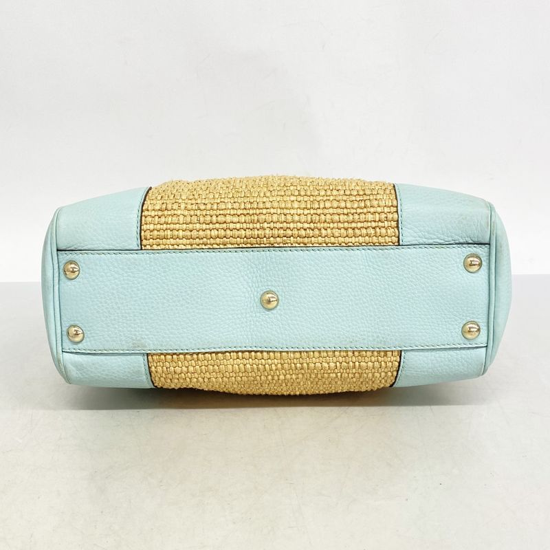 Gucci Handbag Bamboo 336032 Straw Beige Blue Chien Pan Gold Hardware 2way Bag