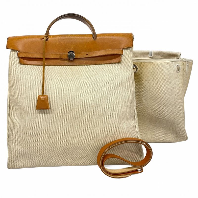 Hermes Handbag Herbag Her Bag MM Toile Ash Beige Silver Hardware □C Engraved