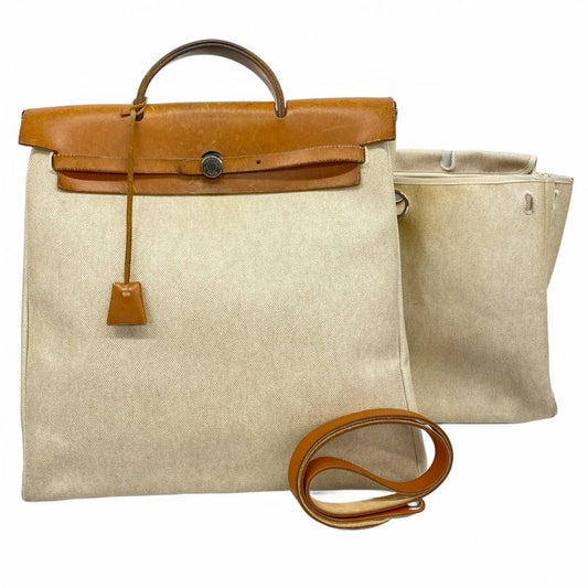 Hermes Handbag Herbag Her Bag MM Toile Ash Beige Silver Hardware □C Engraved