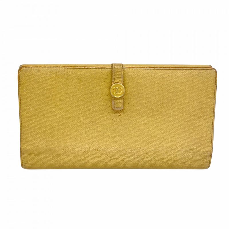 Chanel Long Wallet Coco Button Leather Beige Gold Hardware Women