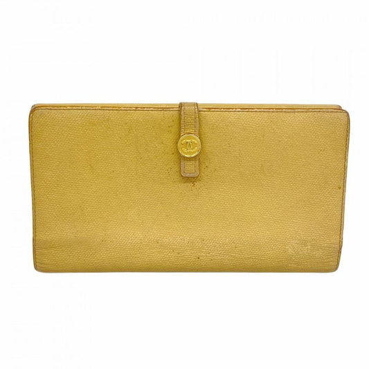 Chanel Long Wallet Coco Button Leather Beige Gold Hardware Women