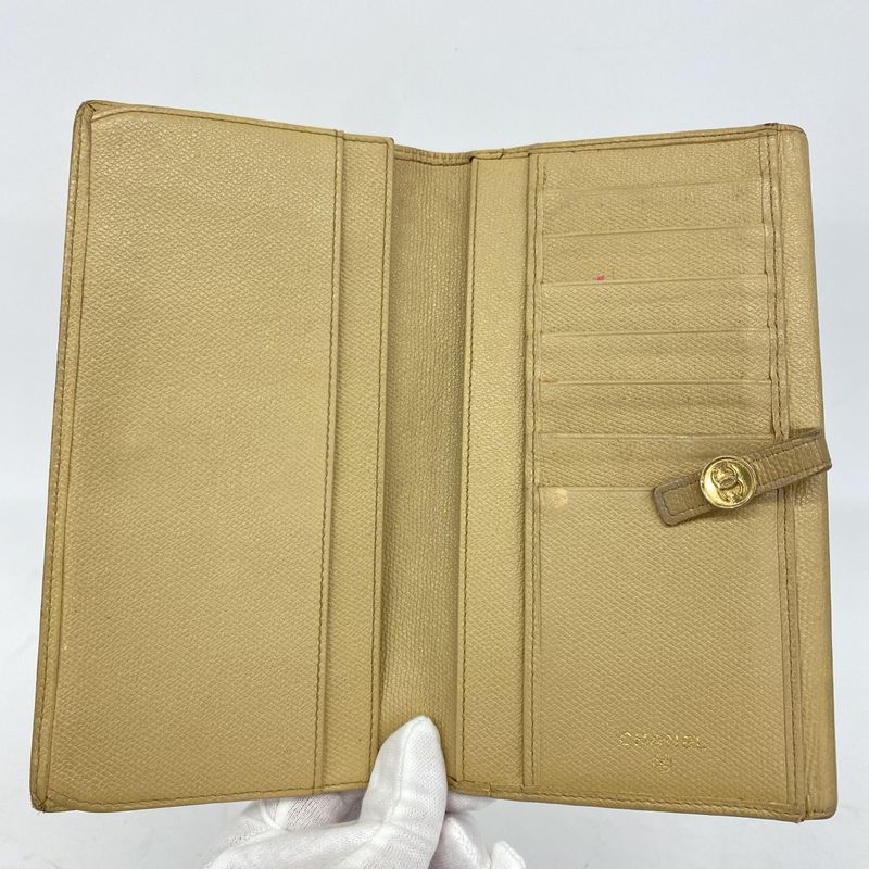 Chanel Long Wallet Coco Button Leather Beige Gold Hardware Women