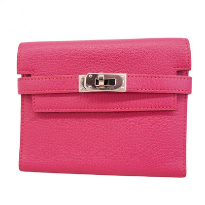 Hermes Trifold Wallet Kelly Wallet Compact Chevre Misol Rose Dilien Silver
