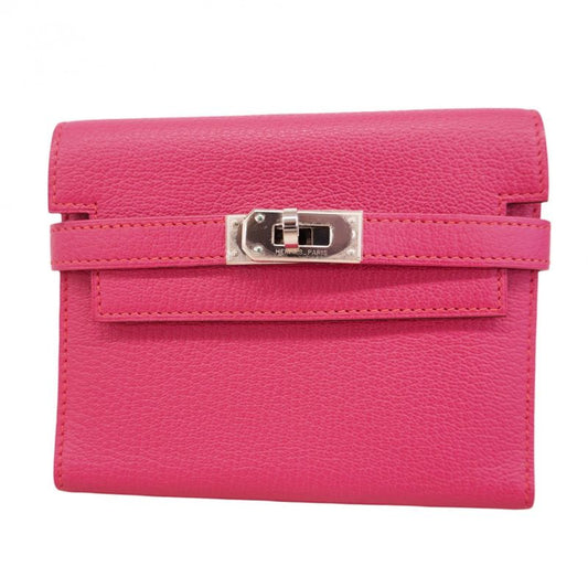Hermes Trifold Wallet Kelly Wallet Compact Chevre Misol Rose Dilien Silver