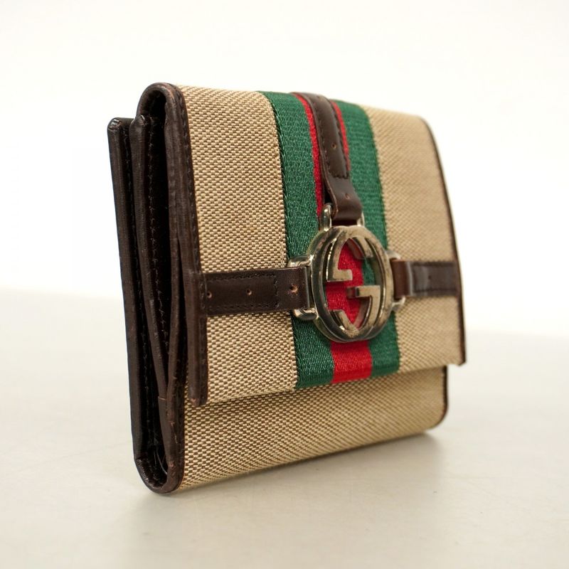 Gucci Wallet Sherry Line 115081 Canvas Brown Silver Hardware Women