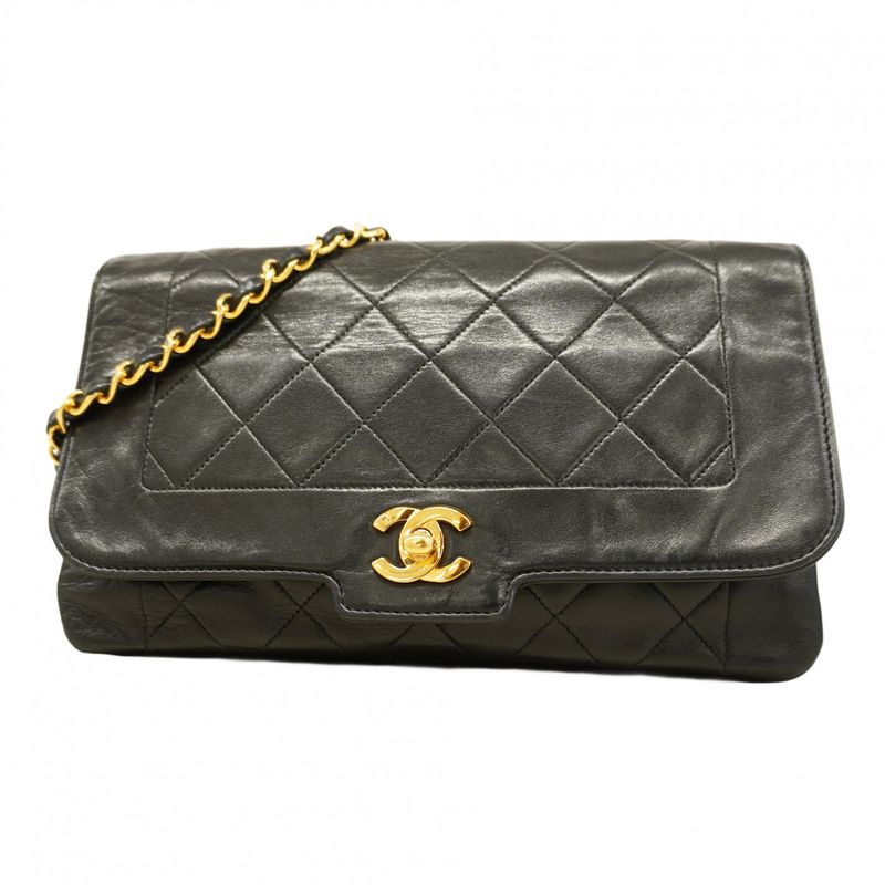 Chanel Shoulder Bag Matelasse Diana Lambskin Black Gold Hardware Women