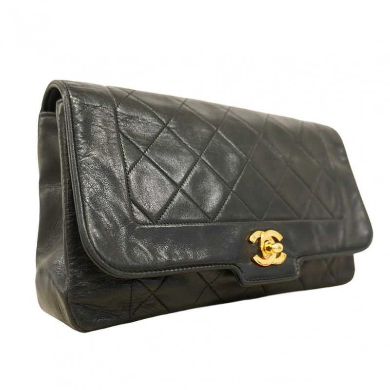 Chanel Shoulder Bag Matelasse Diana Lambskin Black Gold Hardware Women