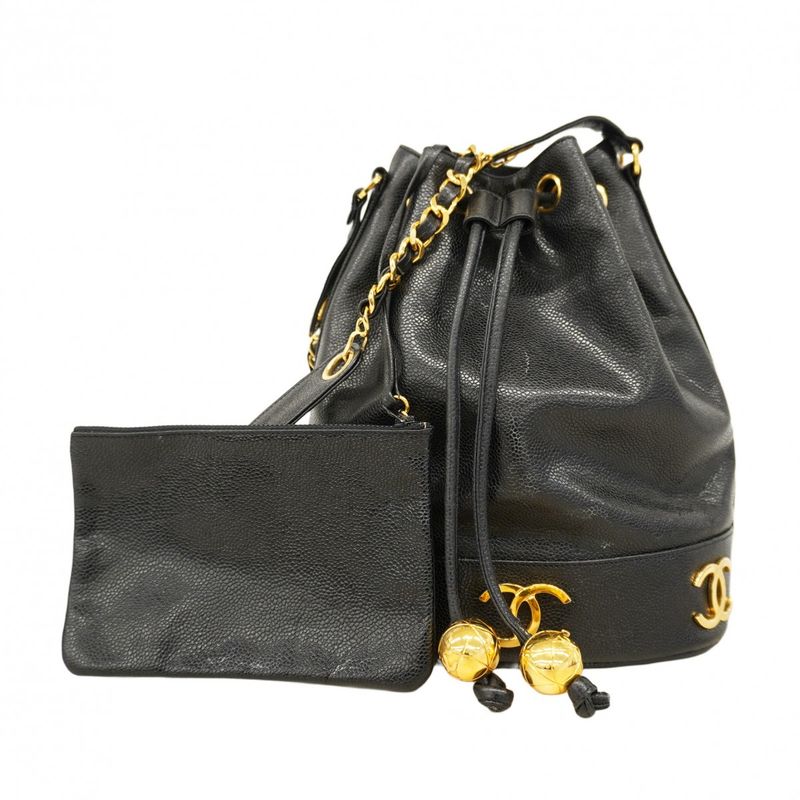 Chanel Shoulder Bag Triple Coco Caviar Skin Black Gold Hardware Women