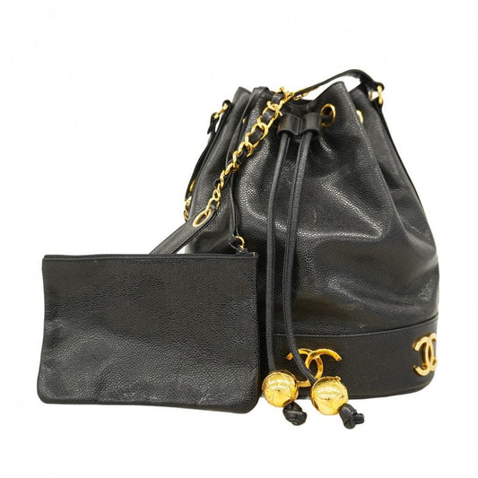 Chanel Shoulder Bag Triple Coco Caviar Skin Black Gold Hardware Women