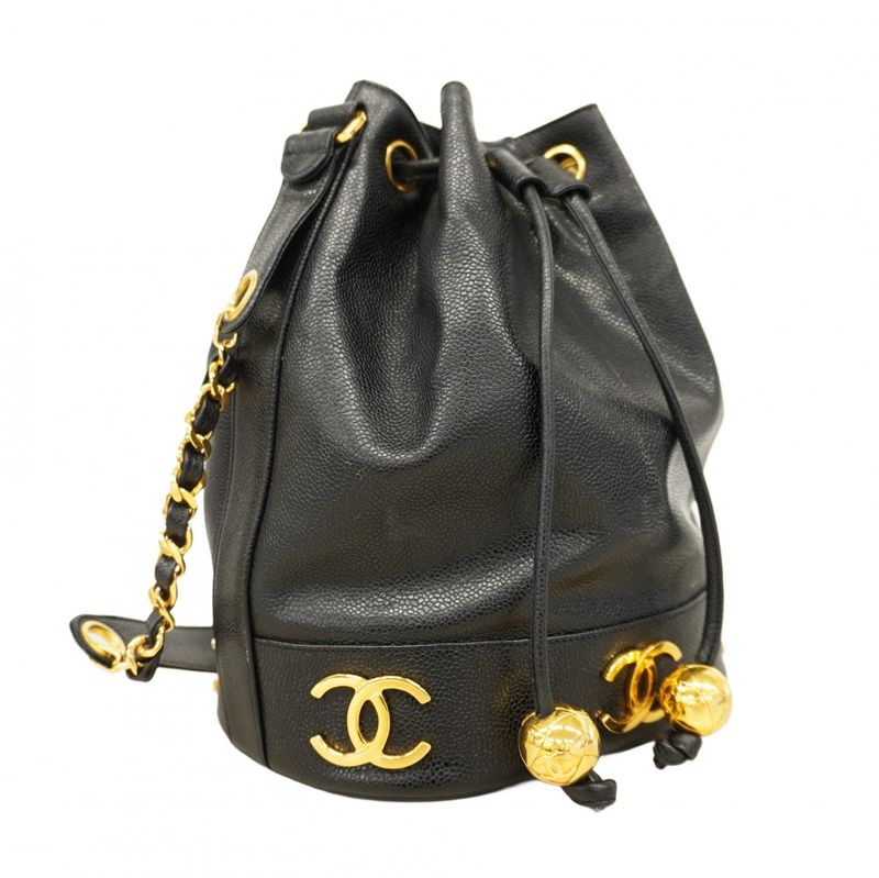Chanel Shoulder Bag Triple Coco Caviar Skin Black Gold Hardware Women