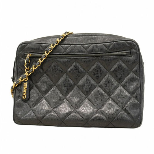 Chanel Shoulder Bag Matelasse Caviar Skin Black Gold Hardware Women