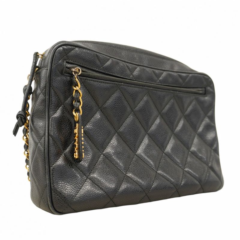 Chanel Shoulder Bag Matelasse Caviar Skin Black Gold Hardware Women