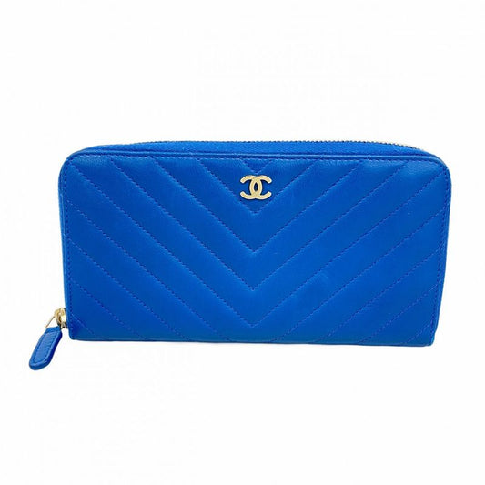Chanel Long Wallet V-stitched Lambskin Blue Chien Pan Gold Hardware Women