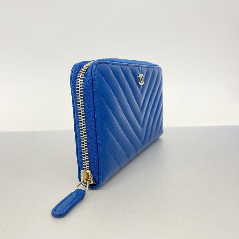 Chanel Long Wallet V-stitched Lambskin Blue Chien Pan Gold Hardware Women