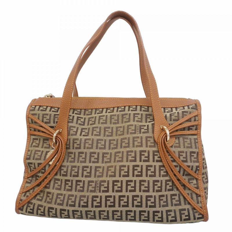 Fendi Tote Bag Zucchino Nylon Canvas Beige Light Brown Chien Pan Gold Hardware