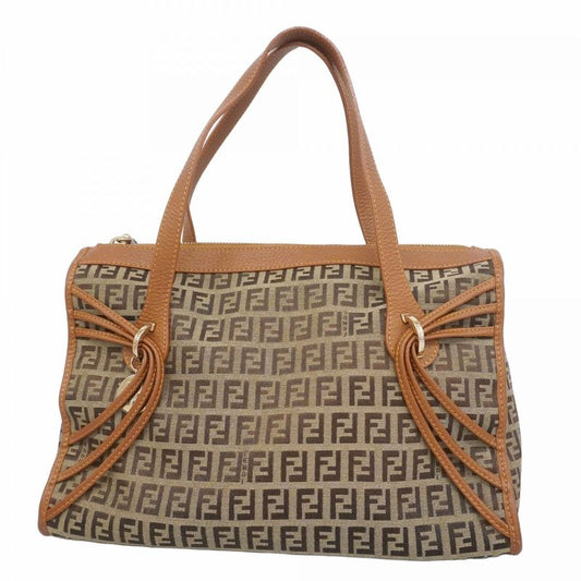 Fendi Tote Bag Zucchino Nylon Canvas Beige Light Brown Chien Pan Gold Hardware