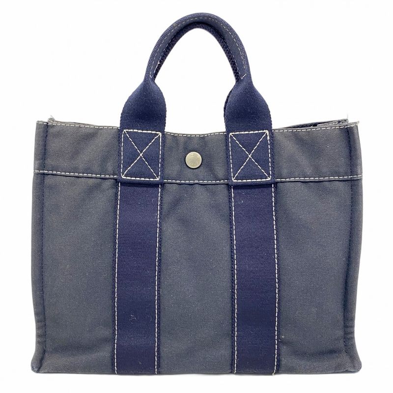 Hermes Tote Bag Deauville PM Canvas Navy Silver Hardware Women
