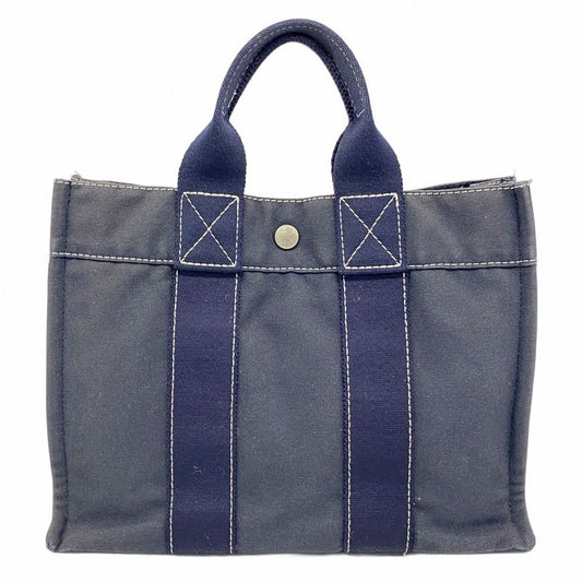 Hermes Tote Bag Deauville PM Canvas Navy Silver Hardware Women