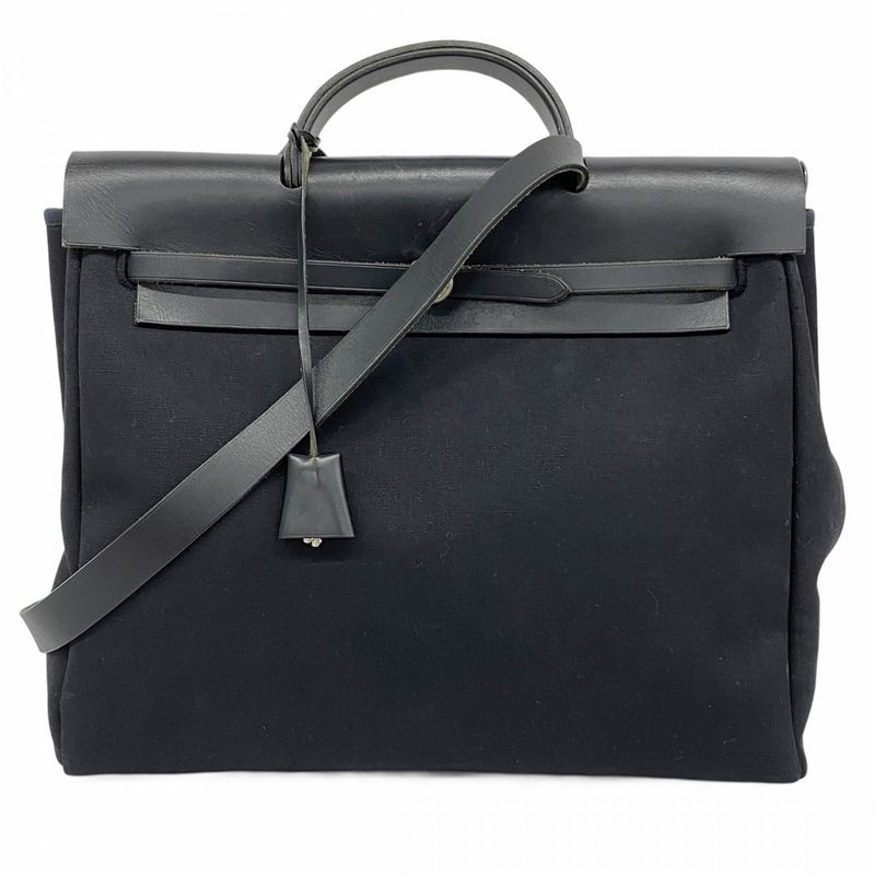 Hermes Handbag Herbag Her Bag MM Toile Ash Black Silver Hardware □C Engraved