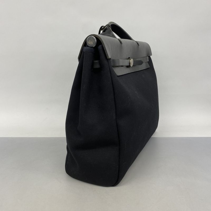 Hermes Handbag Herbag Her Bag MM Toile Ash Black Silver Hardware □C Engraved