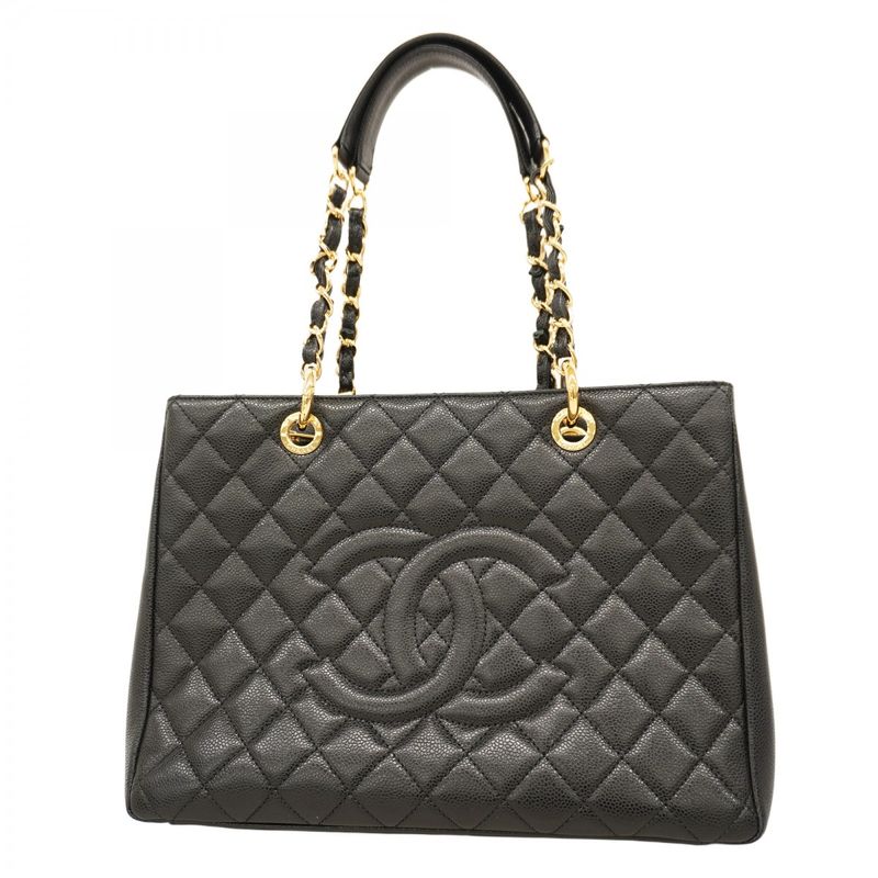 Chanel Tote Bag Matelasse Chain Caviar Skin Black Gold Hardware Women