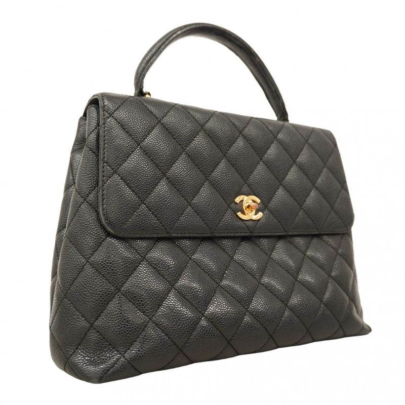 Chanel Handbag Matelasse Caviar Skin Black Gold Hardware Women