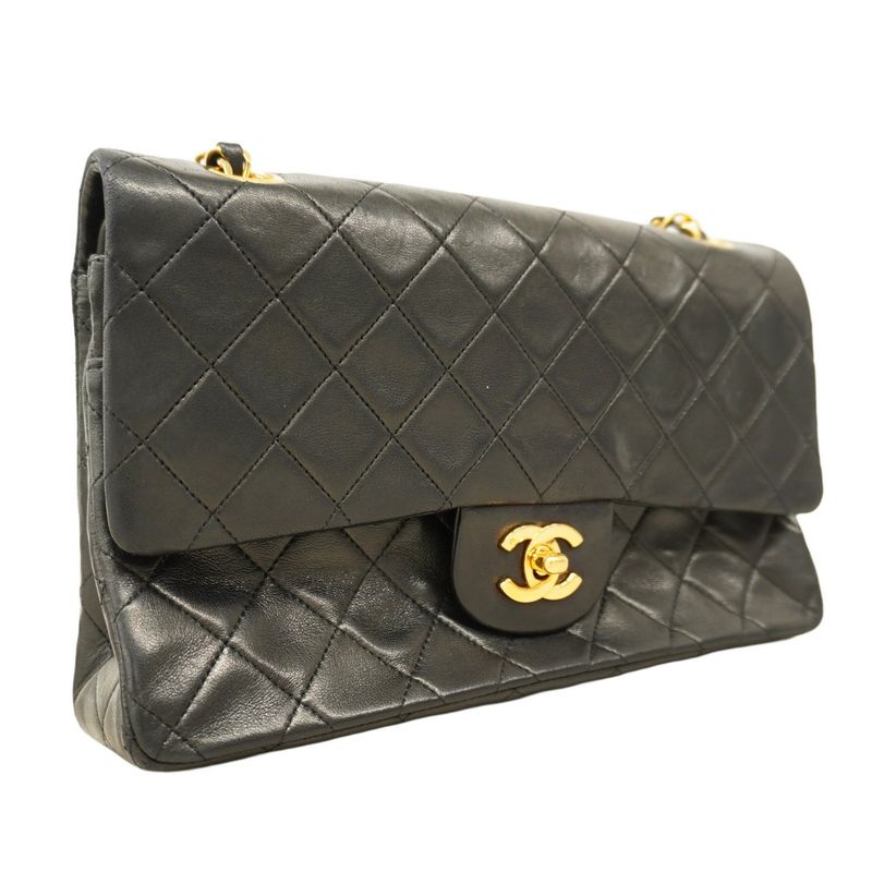 Chanel Shoulder Bag Matelasse Lambskin Black Gold Hardware Women