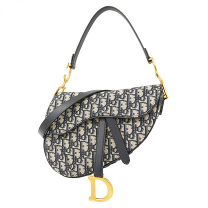 Christian Dior Handbag Oblique Saddle Canvas Leather Navy Gold Hardware 2way
