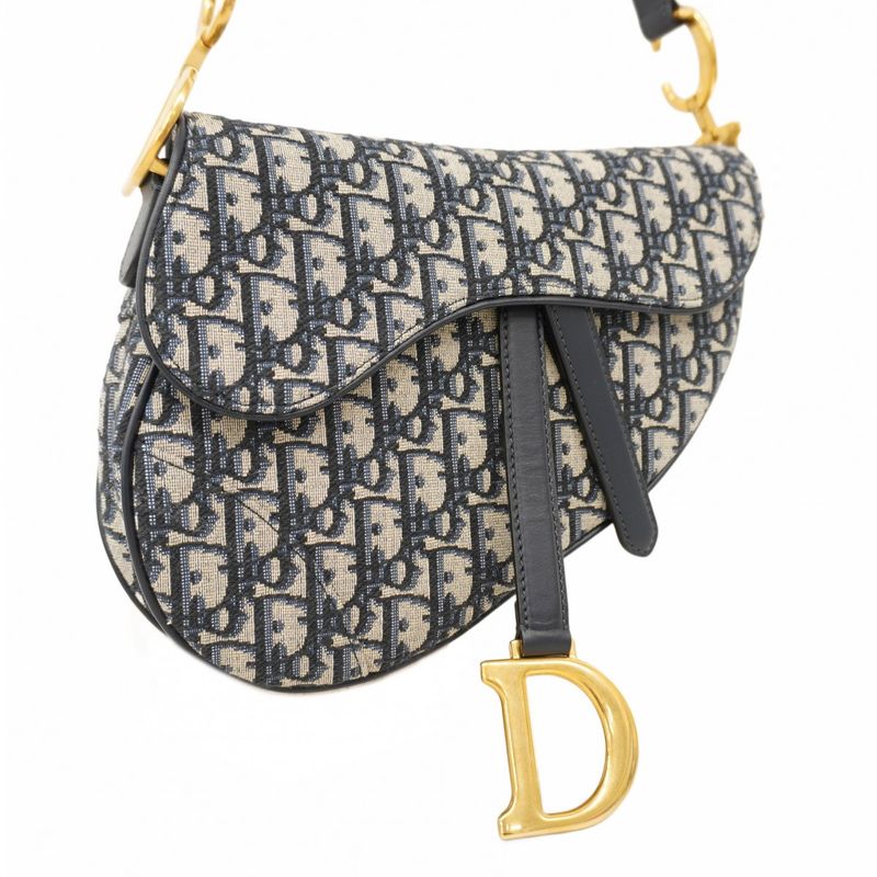 Christian Dior Handbag Oblique Saddle Canvas Leather Navy Gold Hardware 2way
