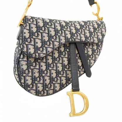 Christian Dior Handbag Oblique Saddle Canvas Leather Navy Gold Hardware 2way