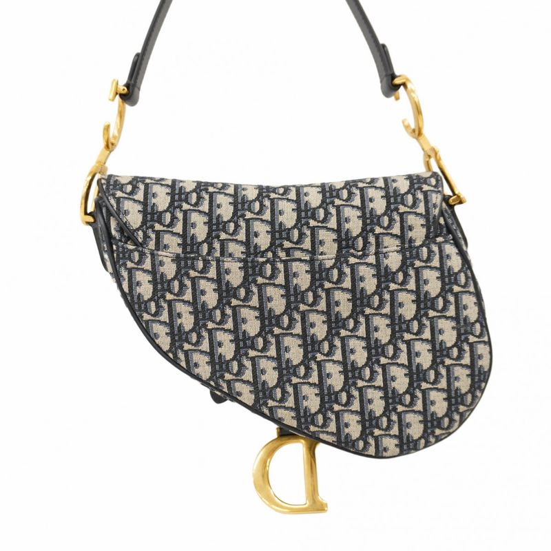 Christian Dior Handbag Oblique Saddle Canvas Leather Navy Gold Hardware 2way