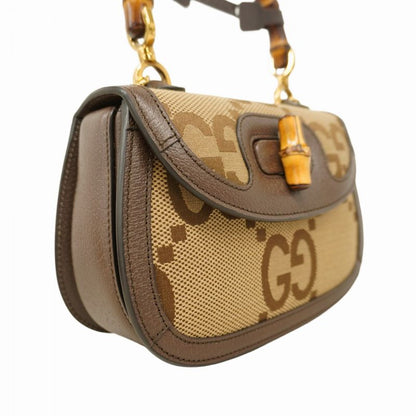 Gucci Handbag Bamboo Jumbo GG 675797 Canvas Leather Beige Brown Gold Hardware