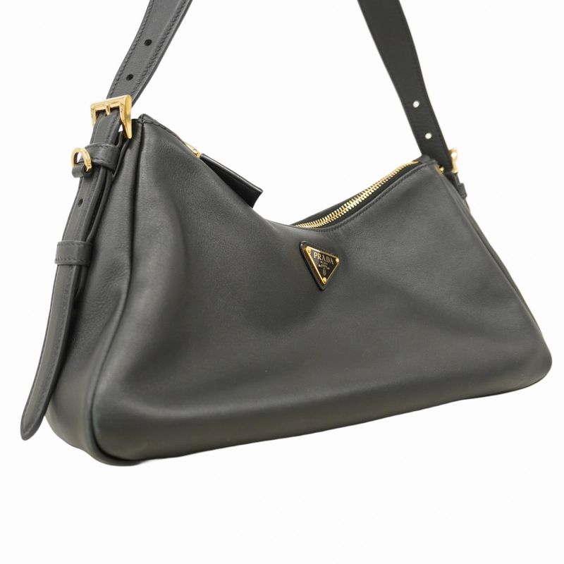 Prada Shoulder Bag Leather Black Gold Hardware Women