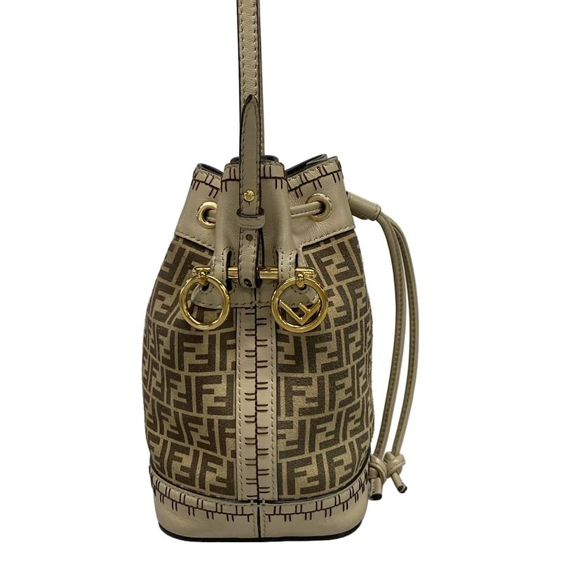 Fendi Shoulder Bag Mont Trezor 8bs010 Beige and Dark Brown Mini Bag Draw String