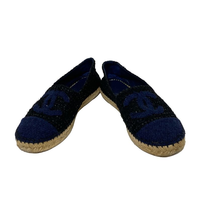 Chanel Slip-on 37 Women - G29762 Black and Navy Coco Mark Espadrilles Linen